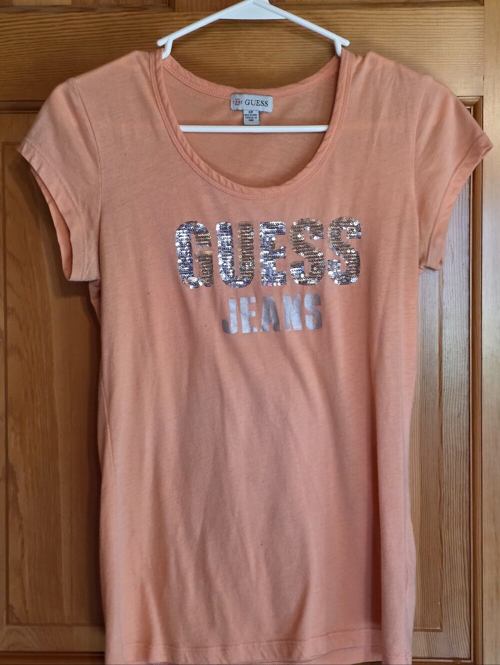 Guess Peach Tee with Silver Sequin Logo